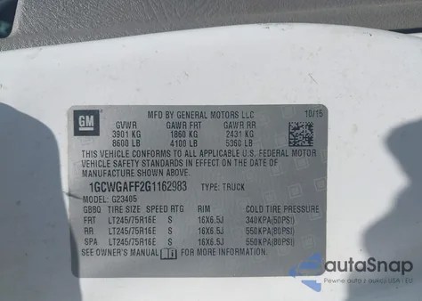 2016 Chevrolet Express 2500 Work Van z USA, uszkodzony, nr VIN 1GCWGAFF2G1162983